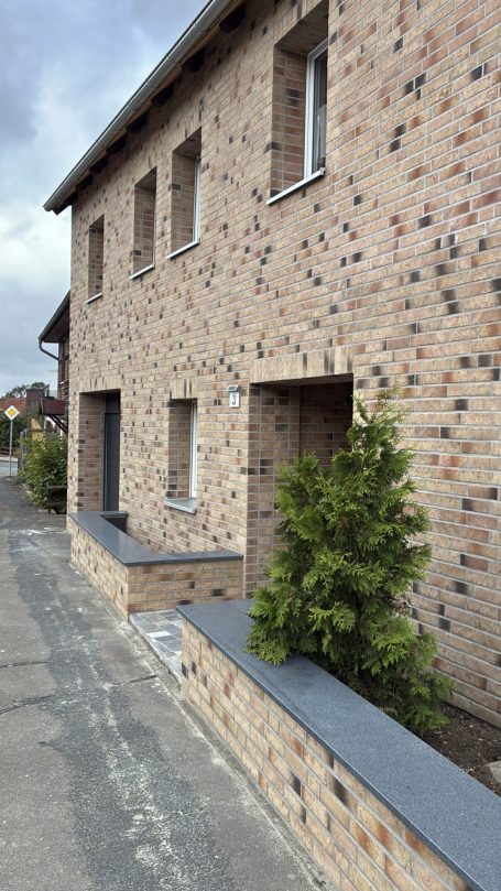 Klinkerriemchen Haus mit Fenstern, einem Eingang und kleinen Büschen im Vordergrund.